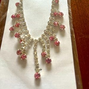 Pretty pink rhinestone dangle necklace on silver chain